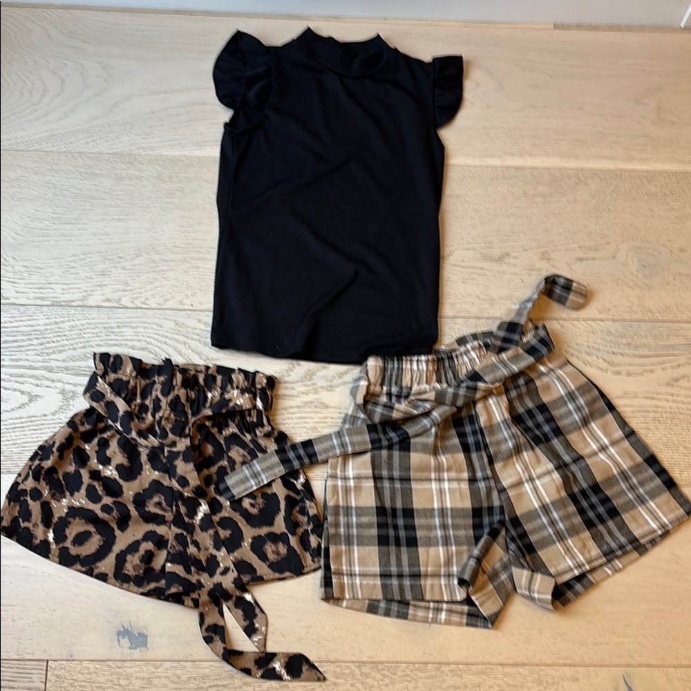 Black Top with Leopard and Plaid Shorts Set